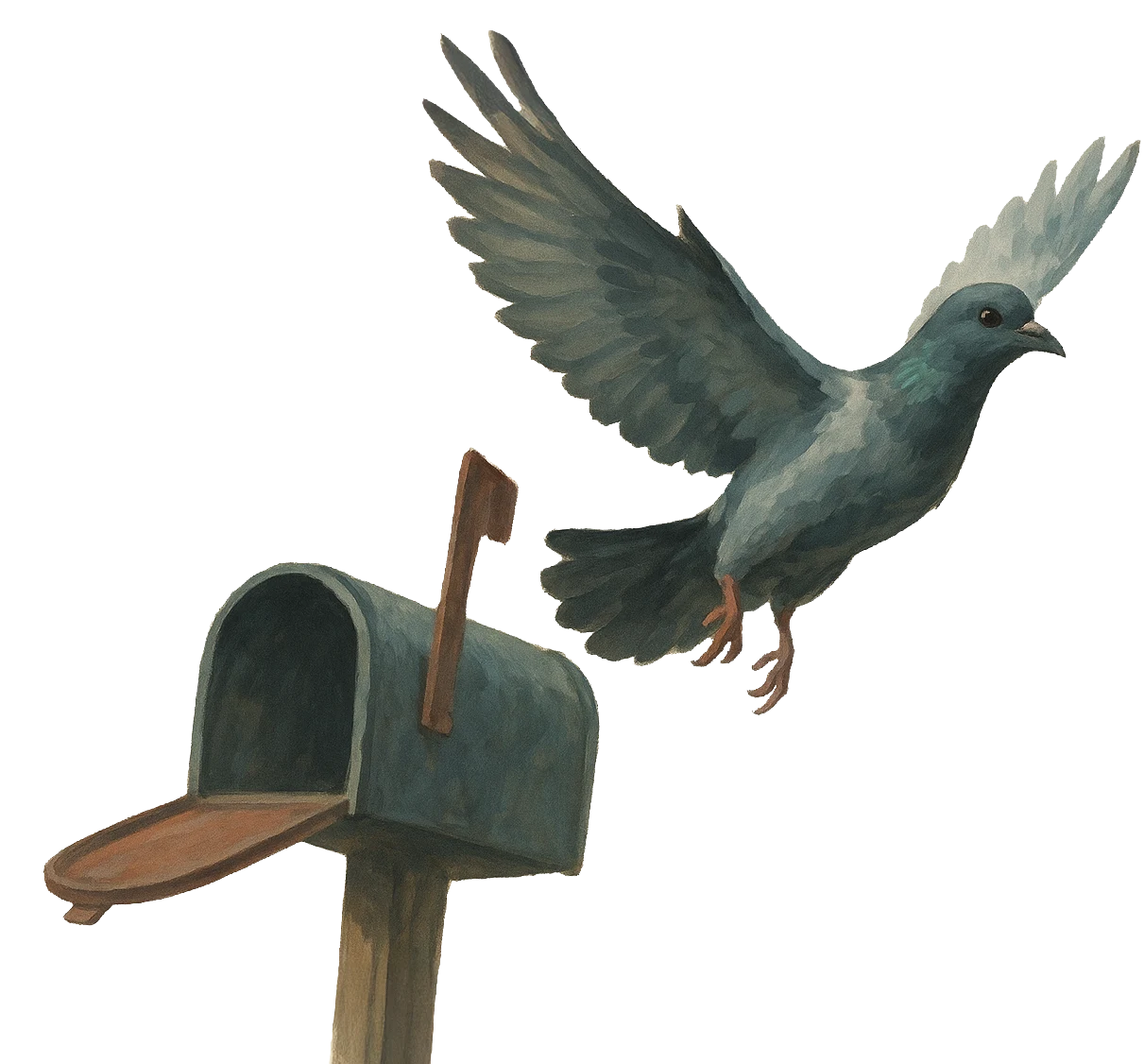 A pigeon flying from a mailbox